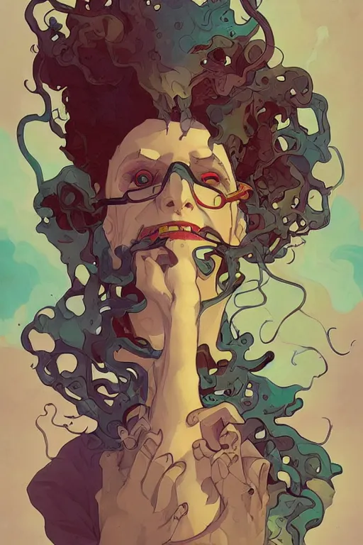 Prompt: portrait of crazy mad lady scientist, stylized illustration by peter mohrbacher, moebius, mucha, mike mignola, colorful comics style, clean line