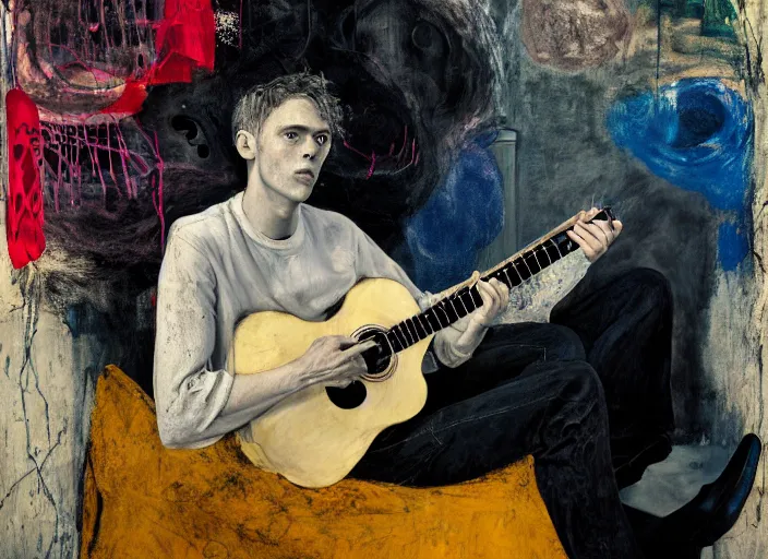 Image similar to nervous boy with acoustic guitar, vincent lefevre and hernan bas and pat steir and peter doig and hilma af klint, psychological, photorealistic, dripping paint, washy brush, rendered in octane, altermodern, masterpiece