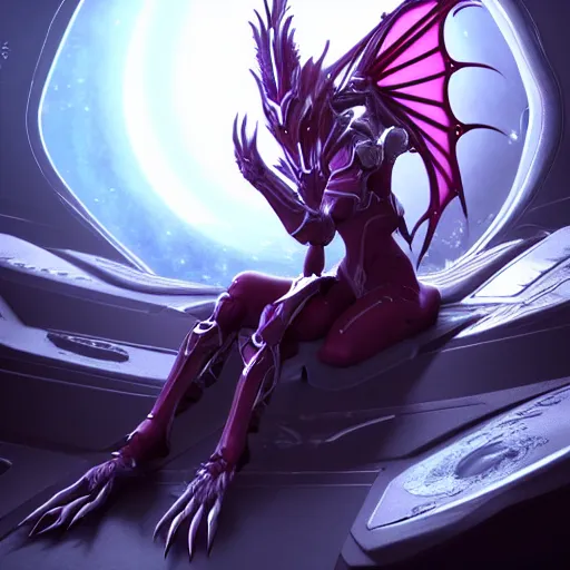 Image similar to highly detailed exquisite fanart, of a beautiful female warframe, but as a dragon, elegant cinematic pose, sitting on top of a cryopod, inside a spaceship, epic cinematic shot, sharp clawed perfectly designed hands, professional digital art, high end digital art, captura, DeviantArt, artstation, Furaffinity, 8k HD render