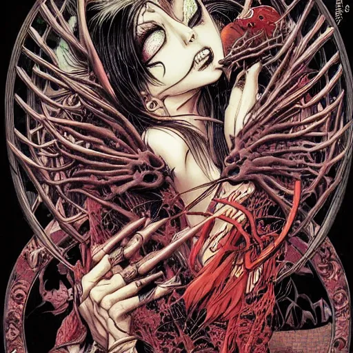 Prompt: vampire kiss, by yoichi hatakenaka, masamune shirow, josan gonzales and dan mumford, ayami kojima, takato yamamoto, karol bak