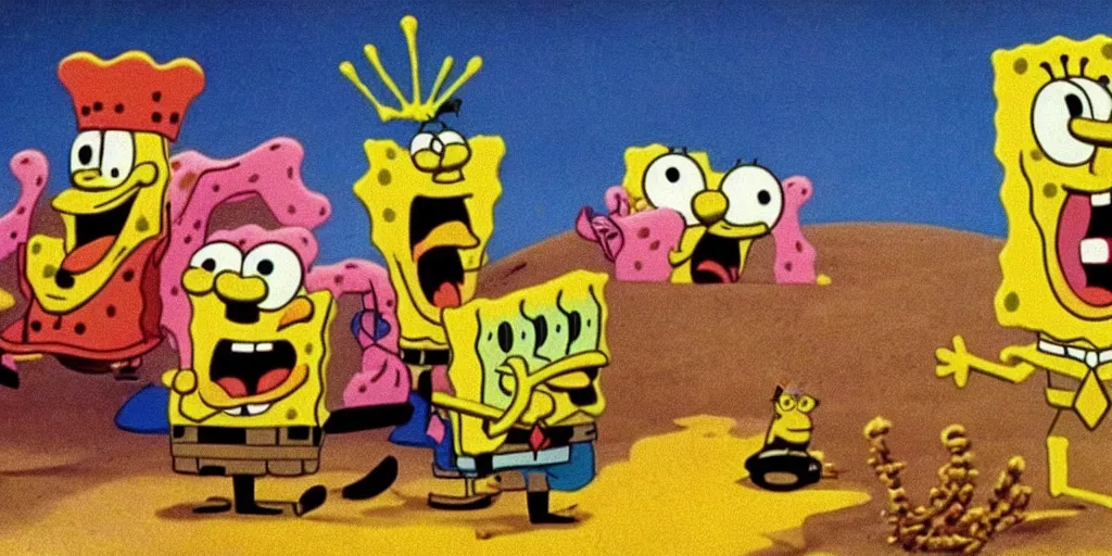 Image similar to spongebob in'the holy mountain'( 1 9 7 3 ), movie still frame