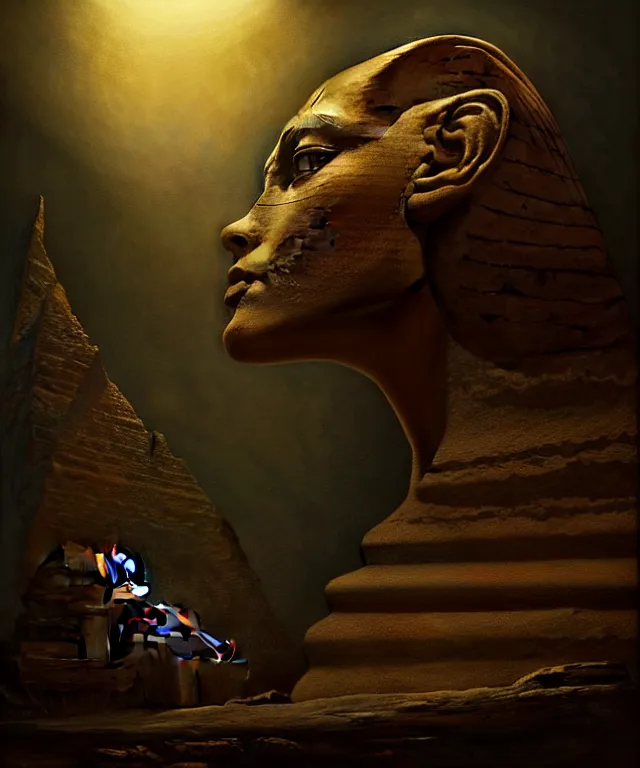 Image similar to epic professional digital art the riddle of the sphinx, horrific yet beautiful vibe, evocative, atmospheric lighting, painted, intricate, highly detailed, by leesha hannigan, wayne haag, reyna rochin, ignacio fernandez rios, mark ryden, iris van herpen, artstation, cgsociety, stunning, gorgeous, sharp focus, cinematic, masterpiece