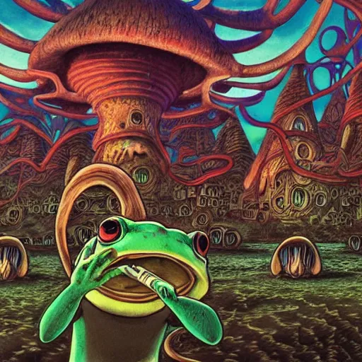 Prompt: a centered chest up portrait of a psychedelic demonic anthropomorphic frog smoking a hand - rolled cigarette smoking heavily, magic mushroom village in background. award winning. superb resolution. in the art style of junji ito and greg rutkowski. detailed mushroom city in background. hyper realistic anime. perfect art. dalle 2