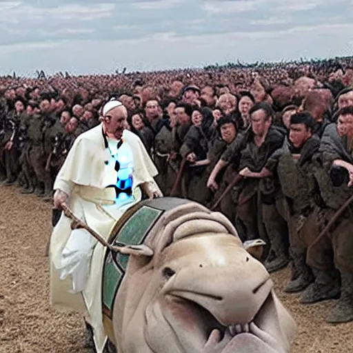 Image similar to pope francis rides a hippo against the army of mordor, ultra realistic