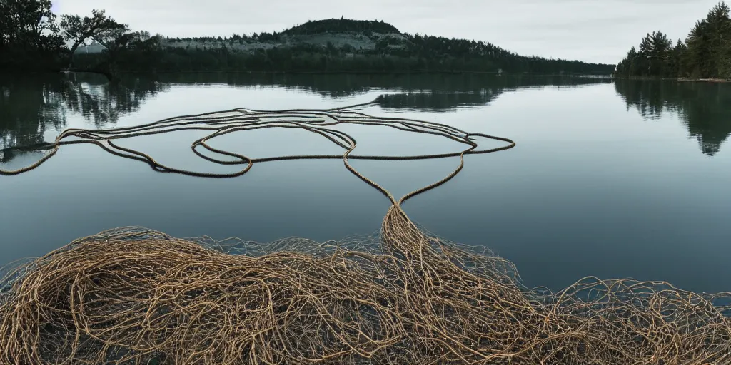 Prompt: centered photograph of a infinitely long rope zig zagging snaking across the surface of the water into the distance, floating submerged rope stretching out towards the center of the lake, a dark lake on a cloudy day, color film, pebble shore foreground and trees in the background, hyper - detailed photo, anamorphic lens
