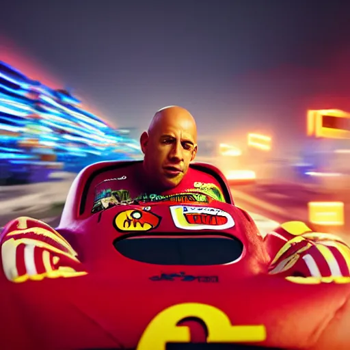 Image similar to vin diesel riding on top on a roof of lightning mcqueen, cinematic, bokeh, blur, action
