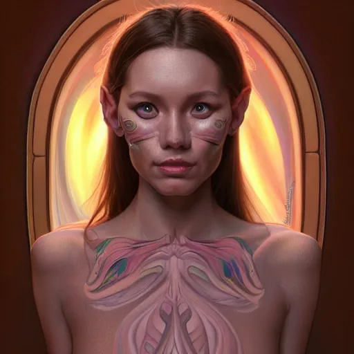 Image similar to wide angle full body portrait of a female Neelix, with a perfect face and perfect body, thin waist, intricate, single face, psychedelic, highly detailed, digital painting, artstation, concept art, smooth, sharp focus, illustration, Unreal Engine 5, 8K, art by artgerm and greg rutkowski and alphonse mucha