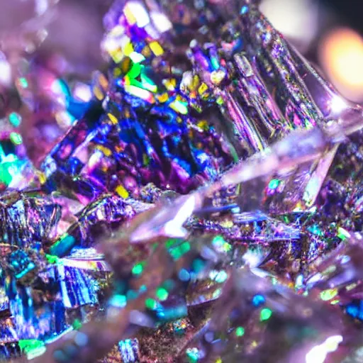 Prompt: hyper realistic macro shot of bismuth crystals, high definition, incredible detail, flash photography at night, cave exploration, david attenborough nature documentry footage, 8 k