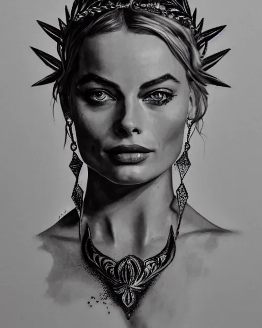 Image similar to realism tattoo sketch of margot robbie as a beautiful greek goddess aphrodite with piercing eyes wearing a laurel wreath and triangle earrings, in the style of greg rutkowski, amazing detail