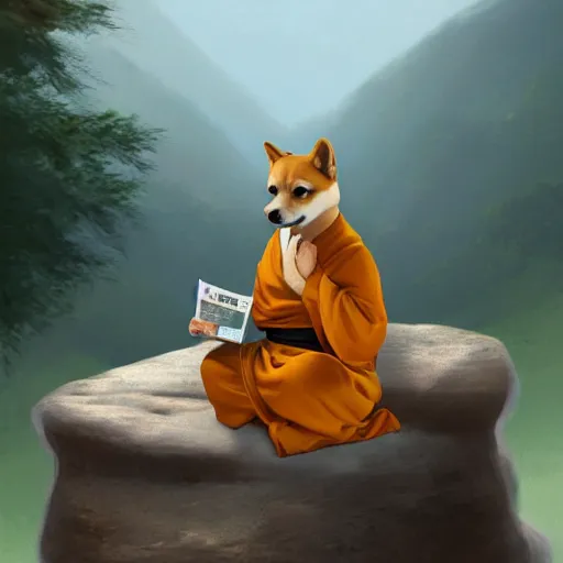 Image similar to a shiba inu monk reads a magazine on a rock, artstation