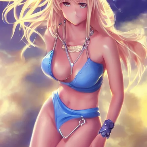 Image similar to full body shot : a very beautiful young blond tennis anime girl in golden chains, sky blue eyes,, tattoo, bikini, miniskirt, highly detailed, cinematic wallpaper by stanley artgerm lau