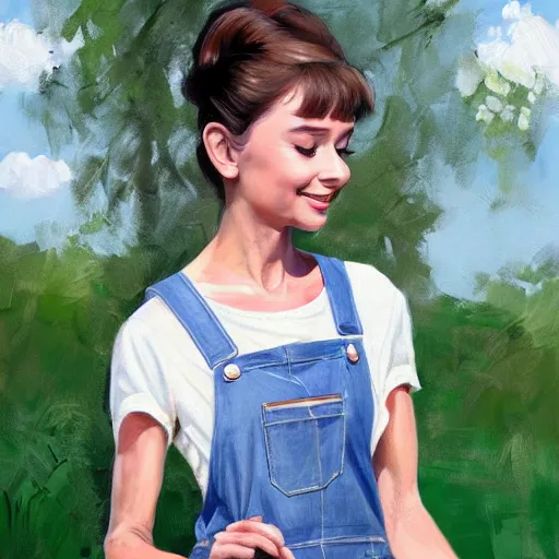 Image similar to young audrey hepburn wearing overalls, on a farm, painting by artgerm, greg rutkowski