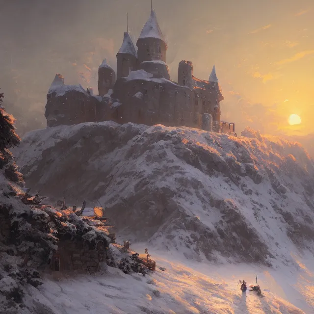 Prompt: a painting of a castle in the middle of a snowy mountain, a detailed matte painting by andreas rocha and greg rutkowski, sunset, ruins, featured on artstation, fantasy art, matte drawing, matte painting, artstation hq