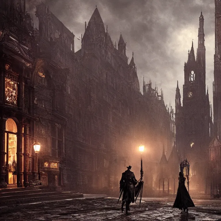 Prompt: A photo of a gothic Pizza Hut in a victorian city, a Bloodborne character is walking away with a pizza, night, lit by lamplight