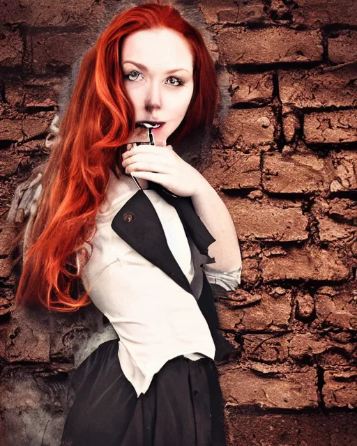 Image similar to A detailed matte painting of a redhaired woman in a black trenchcoat smoking a cigarette leaning against a brick wall in a dark alley at night. trending on deviantart, film noire, seductive, realistic proportions.