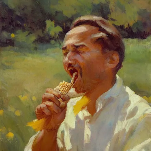 Image similar to a highly detailed beautiful portrait of man enjoying corn on the cob, by gregory manchess, james gurney, james jean