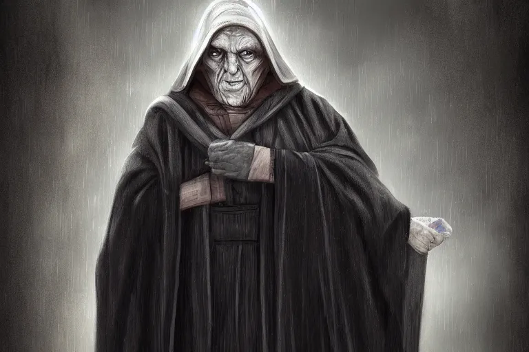 Image similar to emperor palpatine in robes, high detail, digital painting, clear focus, concept art,