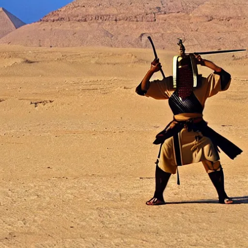 Prompt: egyptian samurai holding a katana, standing in desert