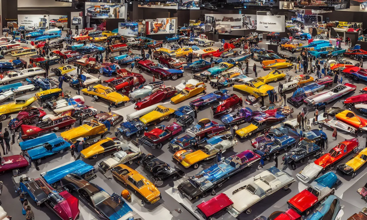 Image similar to exhibition hall full of restomods cars, high detail, colorful image, small features, from new movie by digital domain and weta digital, strong ambient occlusion