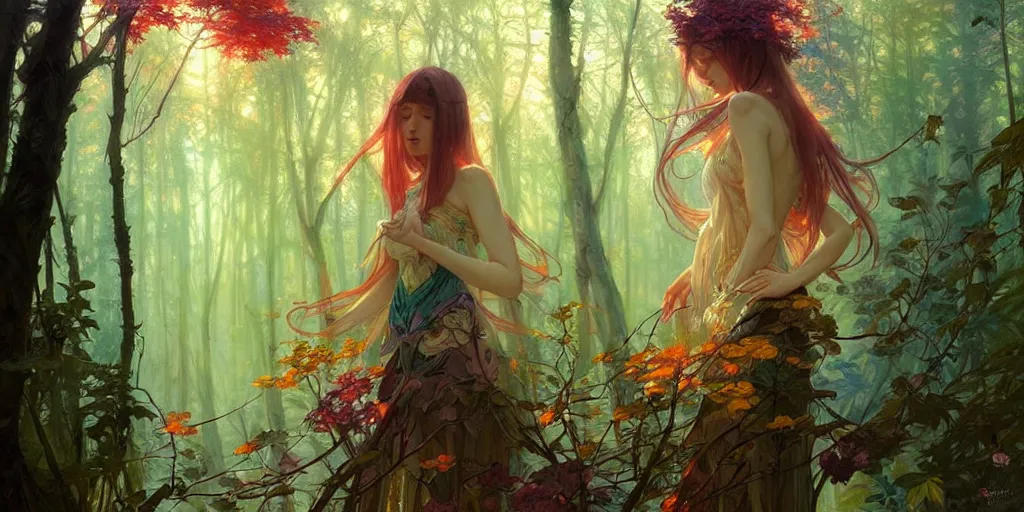 Prompt: a beautiful illustration of a mystic colourful forest, intricate, sharp focus, illustration, highly detailed, digital painting, concept art, matte, art by wlop and artgerm and greg rutkowski and alphonse mucha, masterpiece