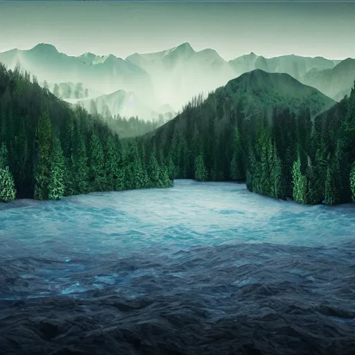 Prompt: rendered in rtx, enso by bojan jevtic. performance art. a landscape of a mountainous area with a river running through it. there are trees & plants in the foreground, & the mountains are in the background.