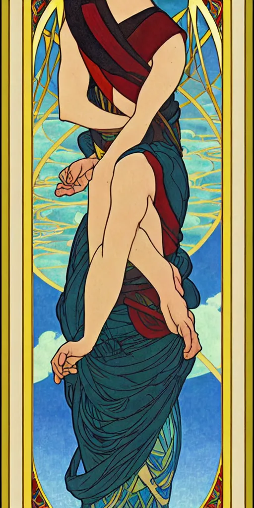 Image similar to the fool, ryder tarot card with an art deco boarder, high quality, digital painting, by studio ghibli and tammara de lempika and alphonse mucha, artgerm