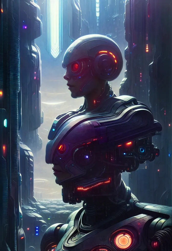 Image similar to ultra realistic, cyborg in a space metropolis, sci-fi, cyberpunk, concept art, intricate details, eerie, highly detailed, octane render, 8k, , art by artgerm and greg rutkowski and alphonse mucha