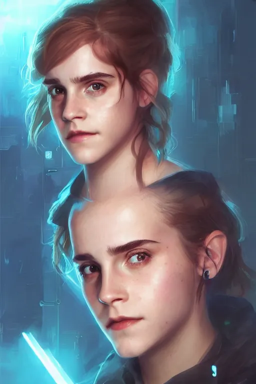 Prompt: portrait of cyborg Emma Watson as Hermione Granger in cyberpunk, neon lighting, night city, digital art from artstation by Ruan Jia and Mandy Jurgens and Artgerm and william-adolphe bouguereau and Greg Rutkowski and Wayne Barlowe