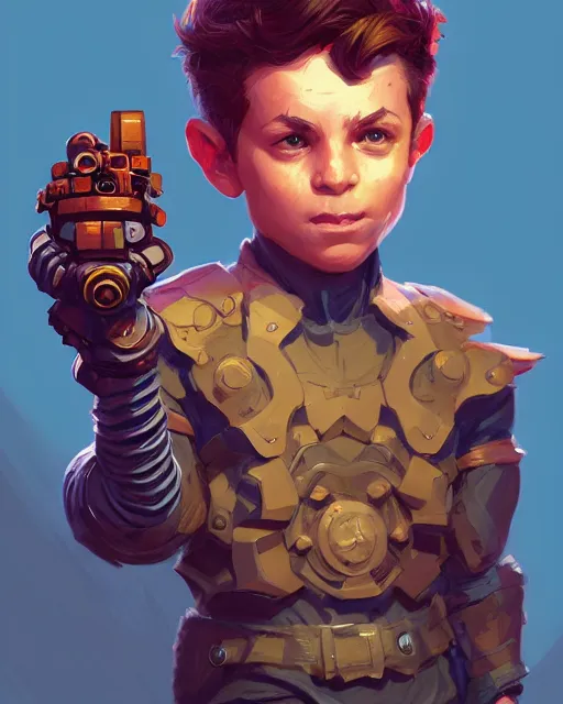 Image similar to a tiny boy with a huge power glove, bust shot, smooth, intricate, elegant, power aura, digital painting, artstation, concept art, sharp focus, illustration, art by justin gerard and josan gonzalez, high contrast