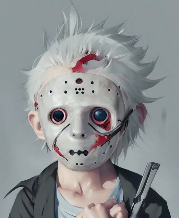 Image similar to cute little boy with white hair anime character inspired by jason voorhees, art by rossdraws, wlop, ilya kuvshinov, artgem lau, sakimichan, jakub rebelka and makoto shinkai, anatomically correct, extremely coherent, highly detailed, sharp focus, slasher movies, smooth, very realistic, symmetrical