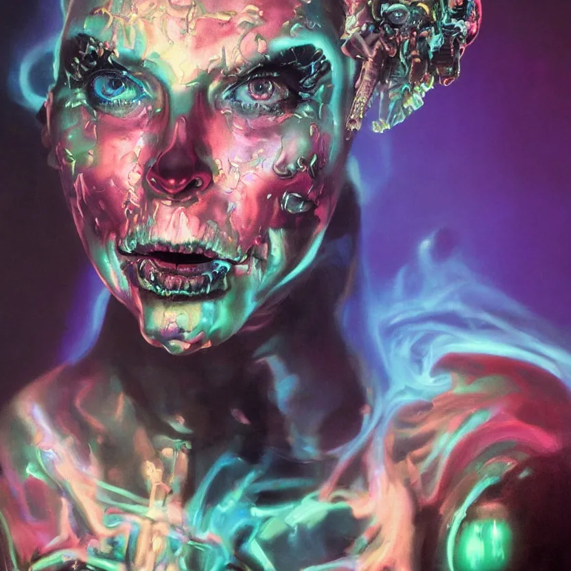 Prompt: a baroque neoclassicist close - up portrait of a colorful retrofuturistic blacklight uv cyborg figure, glowing fog in the background. renaissance portrait painting. highly detailed science fiction painting by norman rockwell, frank frazetta, and syd mead. day of the dead aesthetics. rich colors, high contrast, gloomy atmosphere, dark background. trending on artstation