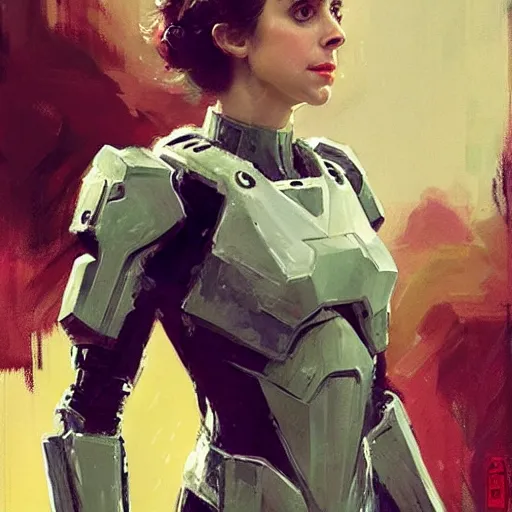 Image similar to alison brie as master chief, intricate, elegant, highly detailed, greg manchess, mucha, liepke, ruan jia, jeffrey catherine jones, ridley scott