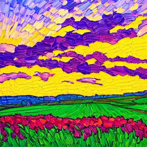 Image similar to a painting of a sunset over a field of flowers, an oil painting by erin hanson, deviantart, american impressionism, rich color palette, impressionism, fauvism