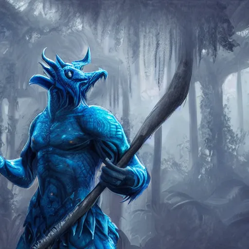 Image similar to A dragonborn with blue scales in a rainforest, trending on artstation, digital art