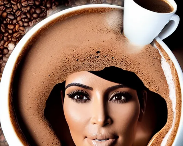 Image similar to Kim Kardashian inside a giant cup of coffee, cinematic, highly detailed, HD, 4K, professional image, professional lighting