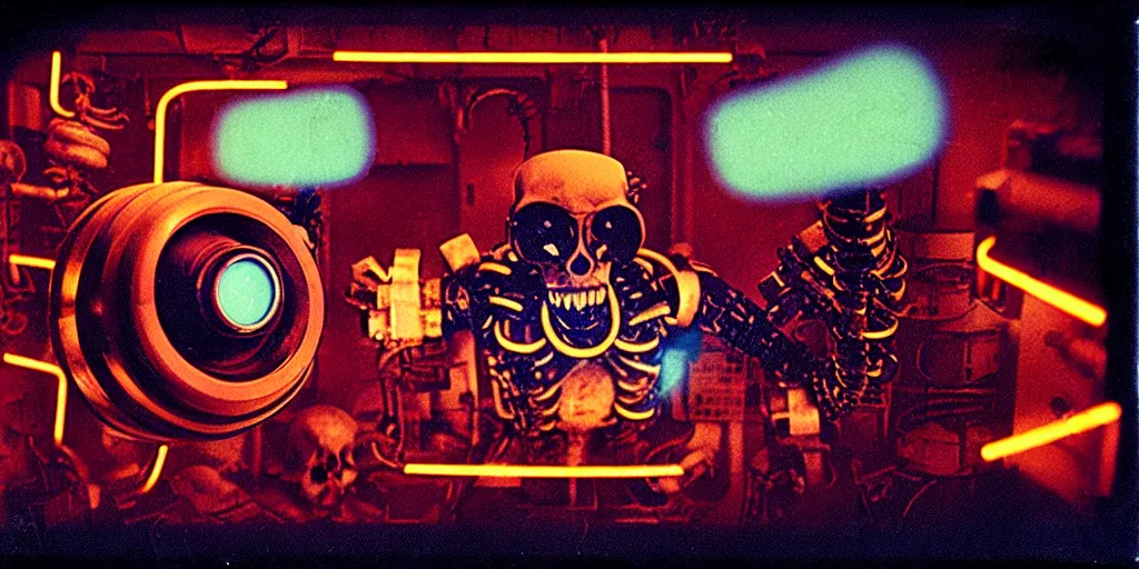 Image similar to movie still 3 5 mm film photograph a screaming and angry dangerous shape mechanical creature, with multiple sharp, leaking pistons, robot skulls and blades protruding from its lower torso inside of a 1 9 7 0 s science lab, neon lights, dirty, ektachrome photograph, volumetric lighting, f 8 aperture, cinematic eastman 5 3 8 4 film