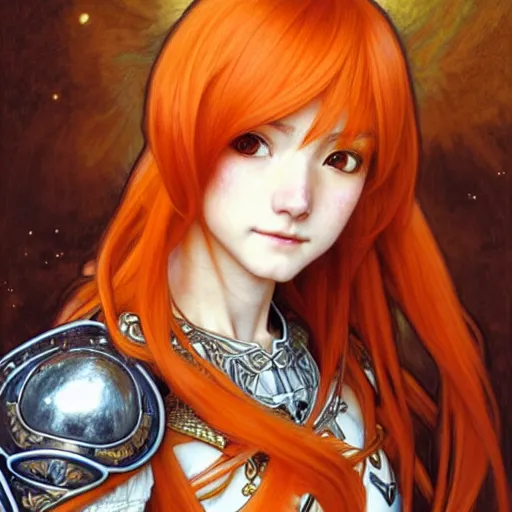 Image similar to Masterpiece head and shoulders portrait of Asuna Yuuki, young woman with orange hair wearing a partial paladin armor with a red skirt and white top, face, fantasy, intricate, elegant, highly detailed drawn by Donato Giancola and Fernanda Suarez and Artem Demura, face by Artgerm and Edmund Leighton, Alphonse Mucha, background by James Jean and Gustav Klimt, 4k, porcelain skin, komorebi, french nouveau, trending on pixiv, octane render, hyperrealistic