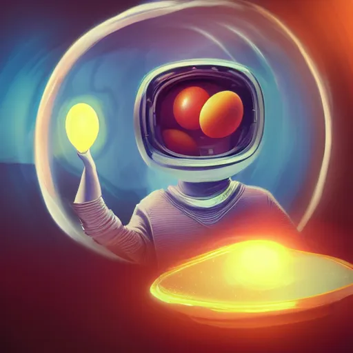 Image similar to digital art, trending on artstation, a person with a fried egg as a head driving a spaceship, cinematic, motion blur