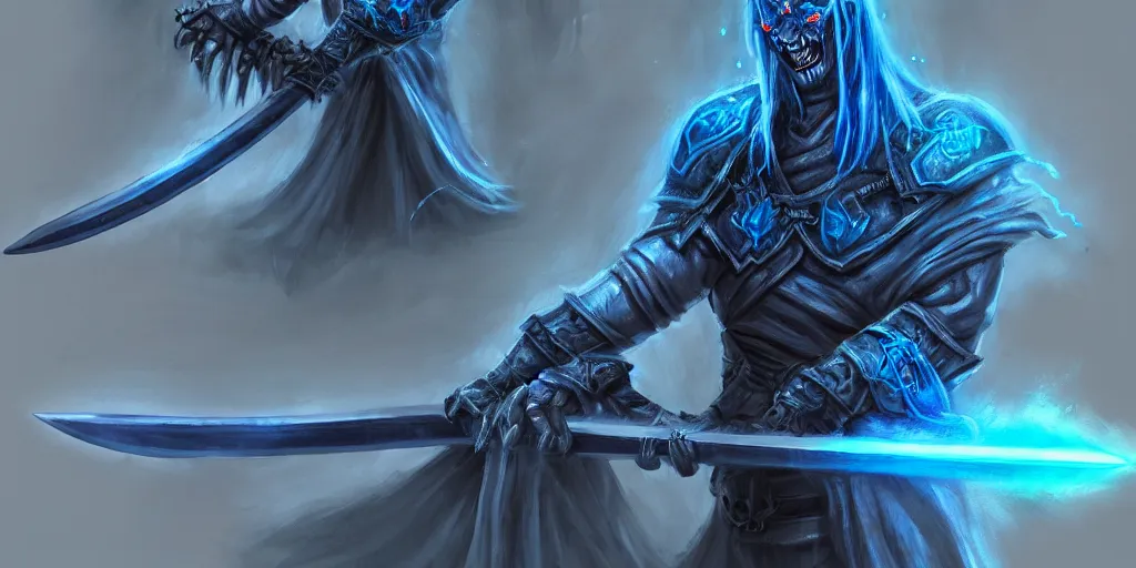 Prompt: Demonic sword in full length with blue glowing runes and eyes on the blade. In the dark, glowing ominously. Trending on ArtStation, concept art, highly detailed.