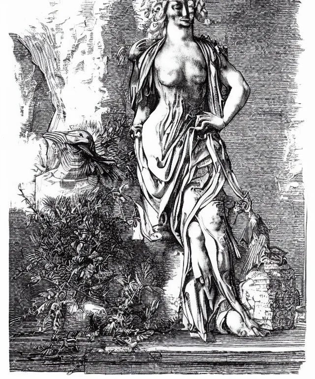 Image similar to raven sitting on a female marble bust on a white background, art by james o barr and albrecht durer and piranesi, woodblock print, engraved, black and white, vector, vector art