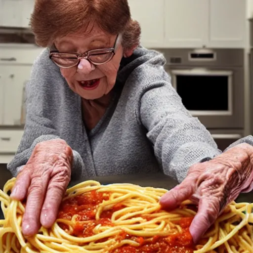 Image similar to grandma falling into a pit of spaghetti