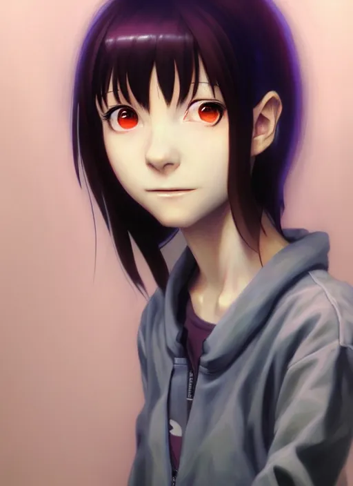 Image similar to a beautiful portrait painting of lain from serial experiments : lain. character design by shinji aramaki, charlie bowater, ross tran, artgerm, and makoto shinkai