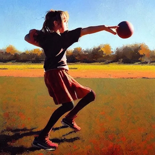 Prompt: a brother and sister throwing a ball around in autumn. playing catch. phil hale. rhads. repin.