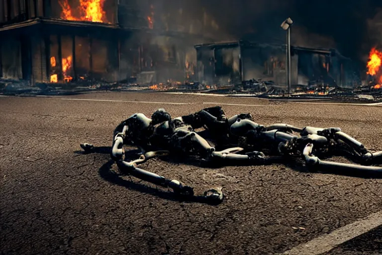 Image similar to vfx film closeup, dead robot couple on the ground holding hands, city street tire tracks fire. flat color profile low - key lighting award winning photography arri alexa cinematography, hyper real photorealistic cinematic atmospheric cool colorgrade