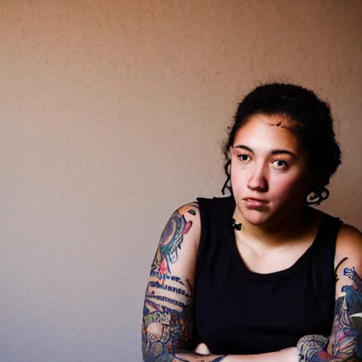 Image similar to gorgeous portrait of a young woman with tattoos who works for the oakland museum of california, golden hour