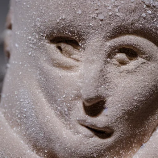 Prompt: detailed sculpture covered in salt shaped like a 30 year old woman in ancient Canaanite clothing, desert drought background. 40mm lens, shallow depth of field, split lighting