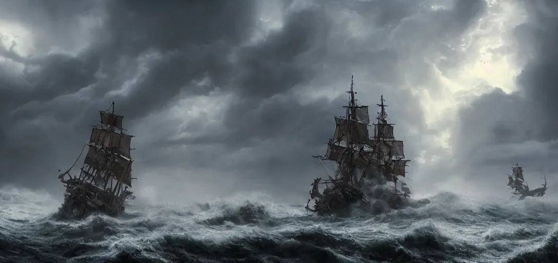 Image similar to wild ocean storm, old wooden pirate ship gets pulled down by giant kraken, appearing from fog, mist, dramatic lighting, cinematic, establishing shot, extremly high detail, foto realistic, pirates of the carribean, cinematic lighting, post processed, concept art, artstation, matte painting, style by eddie mendoza, raphael lacoste, alex ross