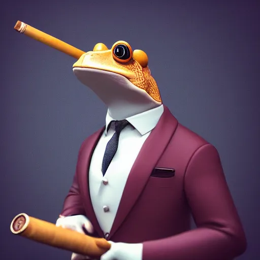 Image similar to a high quality photo of an antropomorphic frog wearing a suit smoking a cigar cigar cigar cigar, 3d scene, render, ultra realistic, artstation, cgsociety