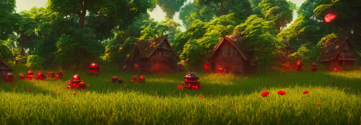 Image similar to stunning glowing dominant large highlighted crimson - black beehive, oversized cute bees in a beautiful forest meadow village landscape, flowers, happy trees, photorealistic, octane render, rtx, hdr, unreal engine, digital art widescreen 8 k, studio ghibli, pixar, disney, wlop