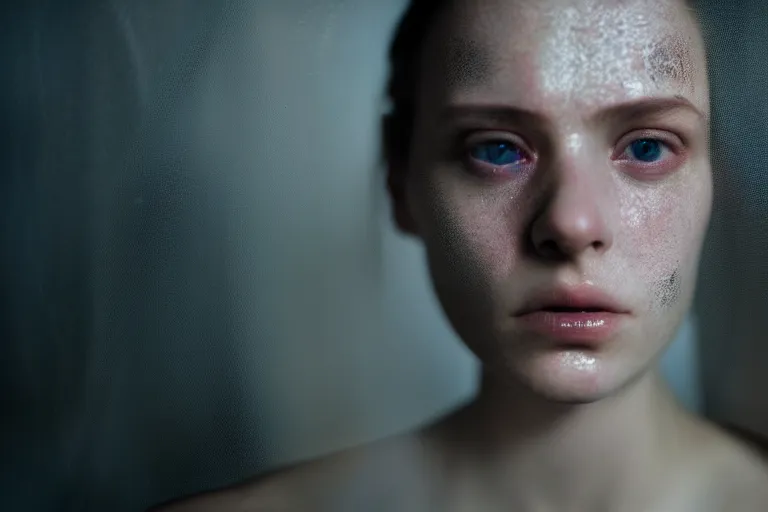 Image similar to an ultra realistic, cinematic, close up portrait, of a young woman, fire, dramatic, soft light, dreamy, facial features, stood in a cell, with prison clothing, detailed, deep focus, movie still, dramatic lighting, ray tracing, by michal karcz and yoshitaka and david cronenberg